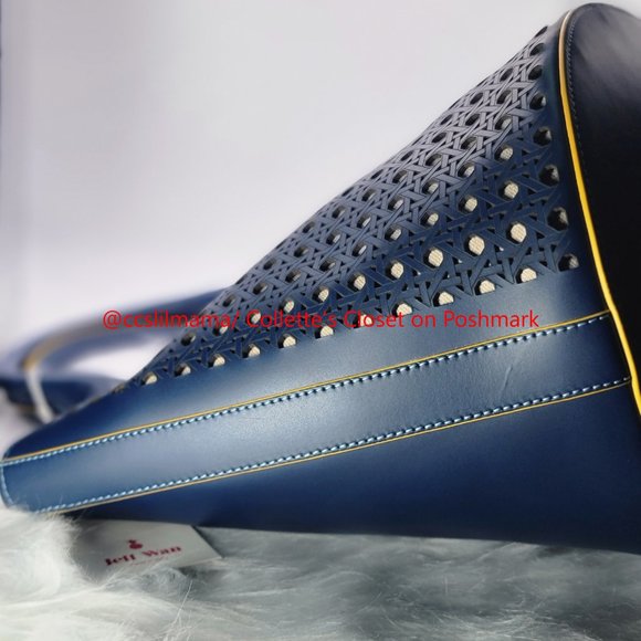 Jeff Wan Blue Hillside Bucket Tote with Yellow Piping - Picture 5 of 14